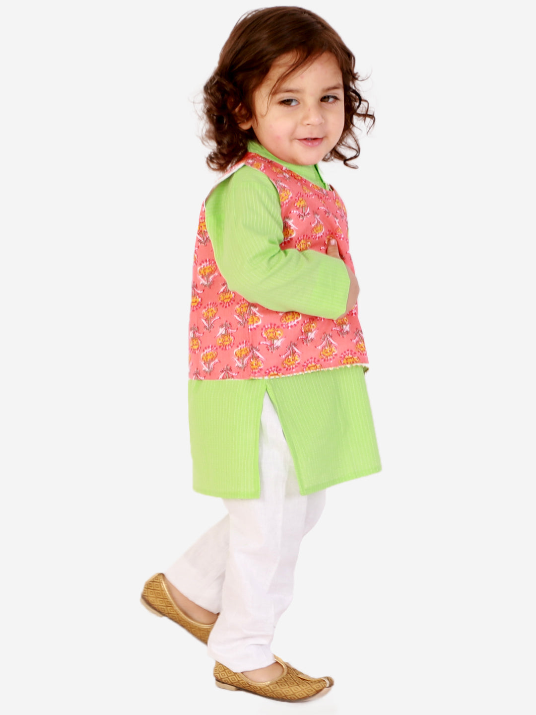 KID1 Floral Jacket Kantha Kurta Pyjama Set Peach