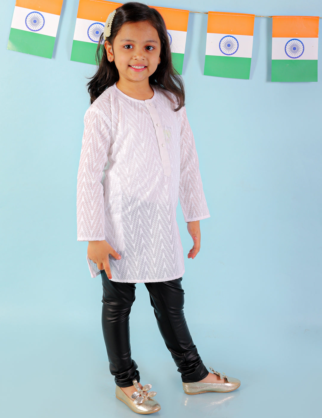 KID1 Chikan Work Round Neck Girls Kurti Only White