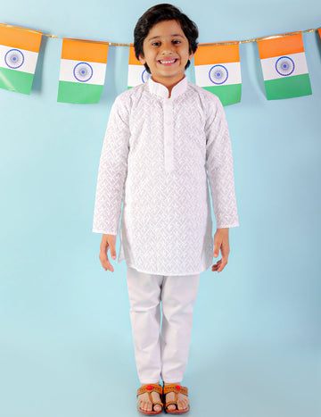 KID1 White Chikan Work Kurta Pyjama White
