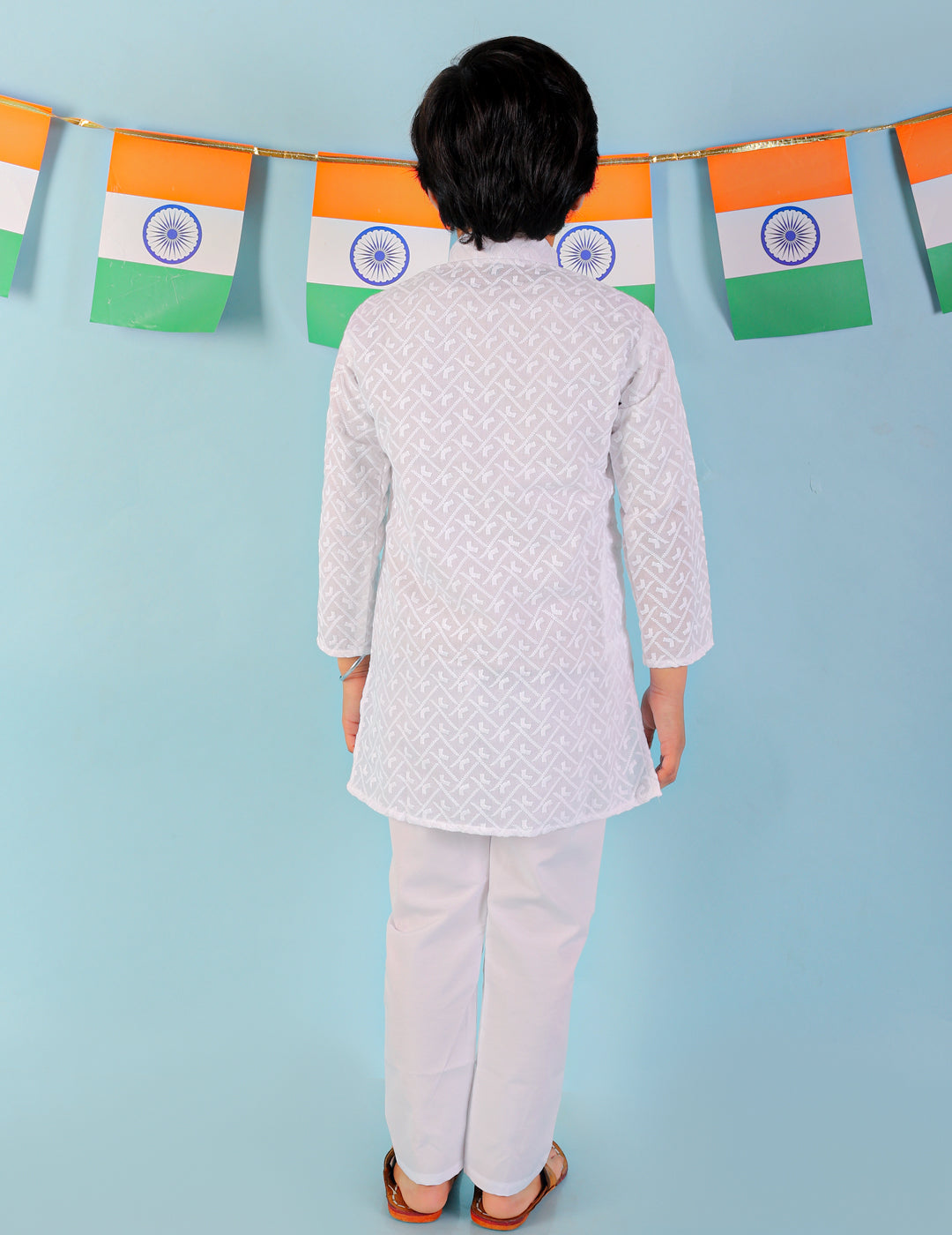 KID1 White Chikan Work Kurta Pyjama White