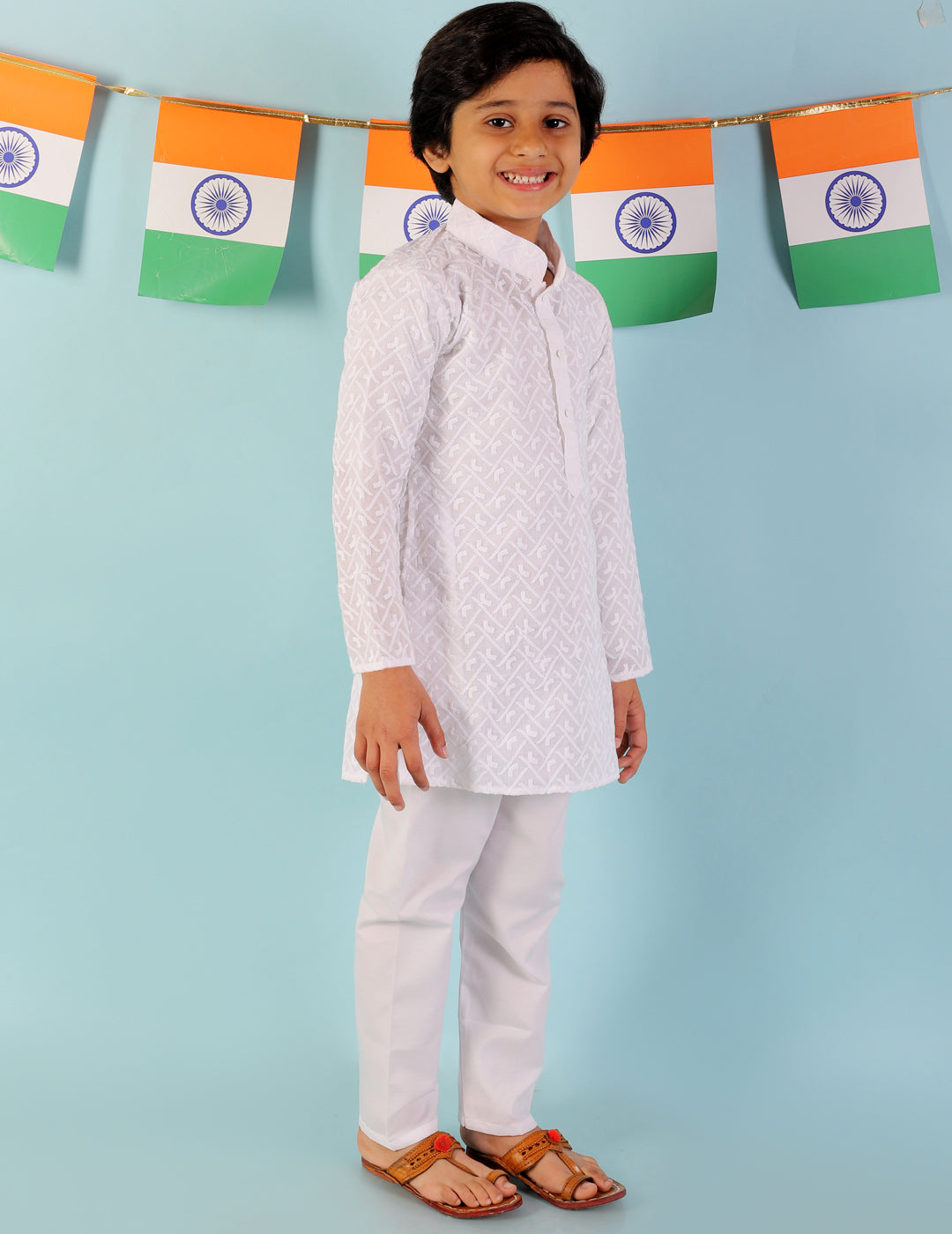KID1 White Chikan Work Kurta Pyjama White