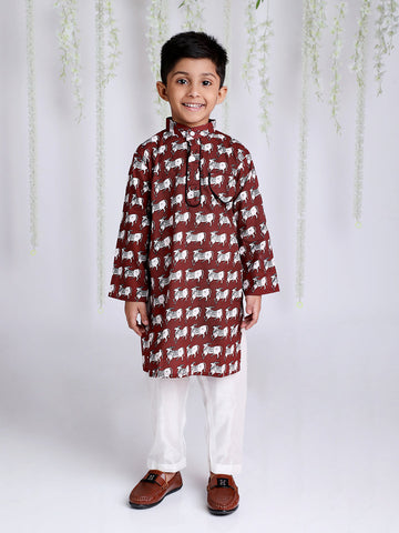 KID1 Animal Print Kurta Pajama Maroon
