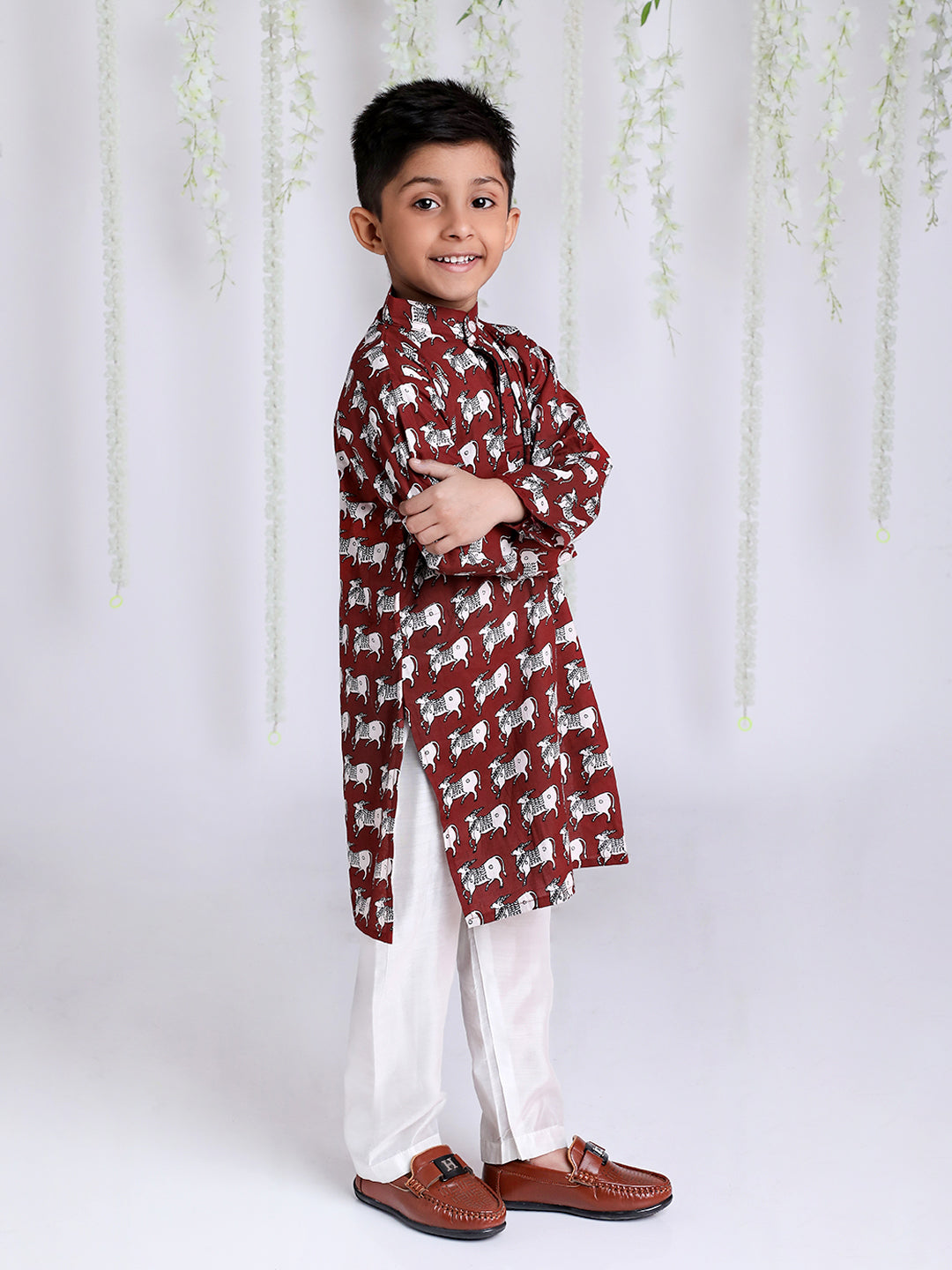 KID1 Animal Print Kurta Pajama Maroon
