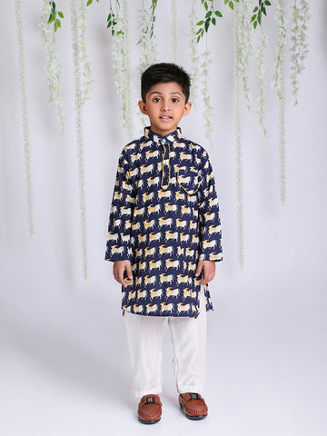 KID1 Animal Print Kurta Pajama Blue