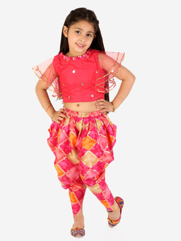 KID1 Net Frill Sleeves Crop Top With Dhoti Pink