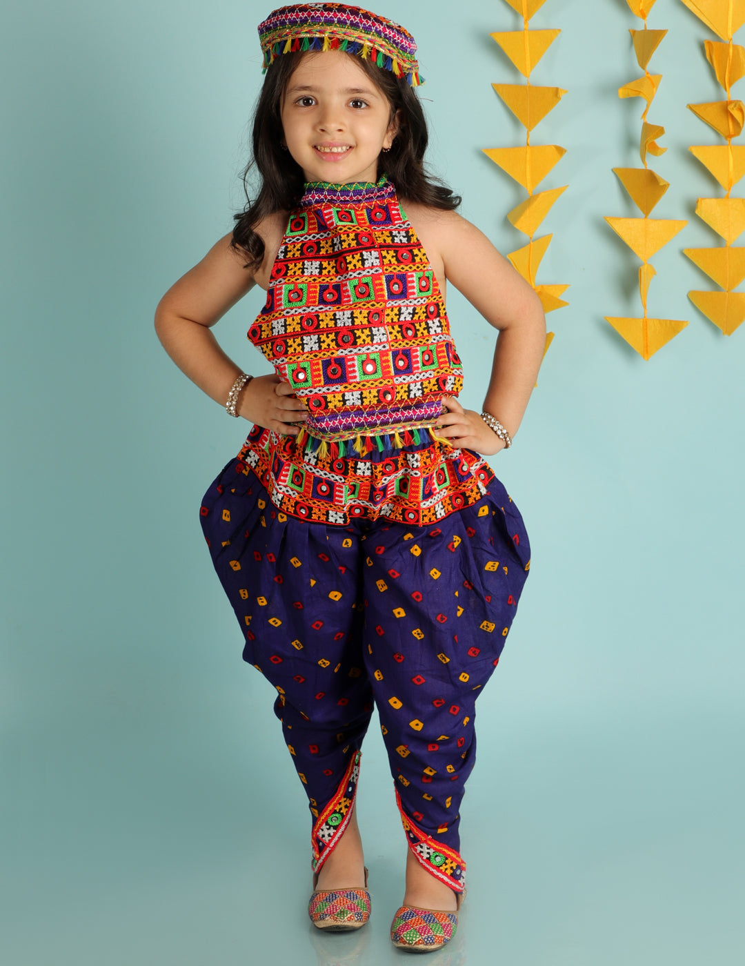KID1 Bandhani Navratri Dhoti Set with Cap Blue