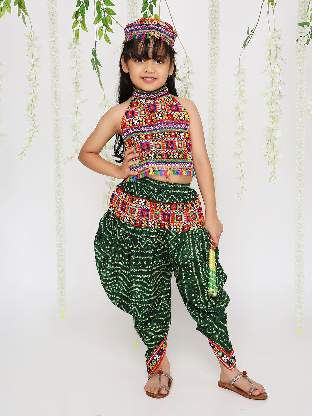 KID1 Bandhani Navratri Dhoti Set with Cap Green