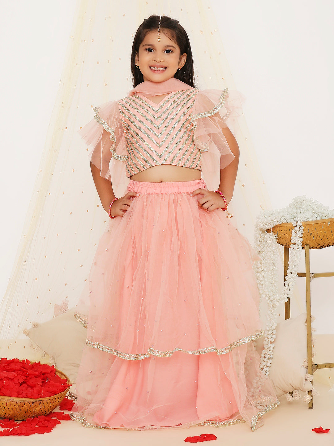 KID1 Lizaa Net Frill Lehenga Choli Peach