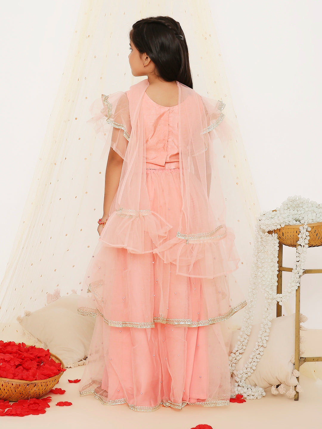 KID1 Lizaa Net Frill Lehenga Choli Peach