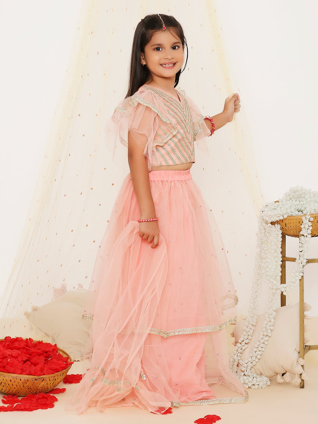 KID1 Lizaa Net Frill Lehenga Choli Peach