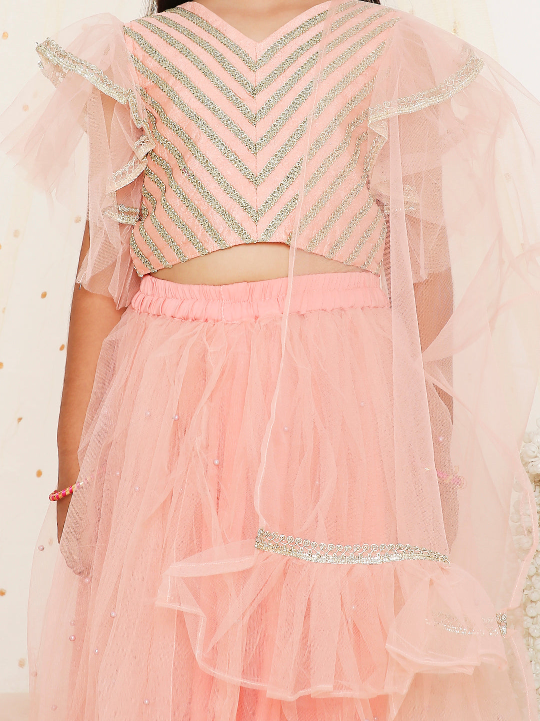 KID1 Lizaa Net Frill Lehenga Choli Peach