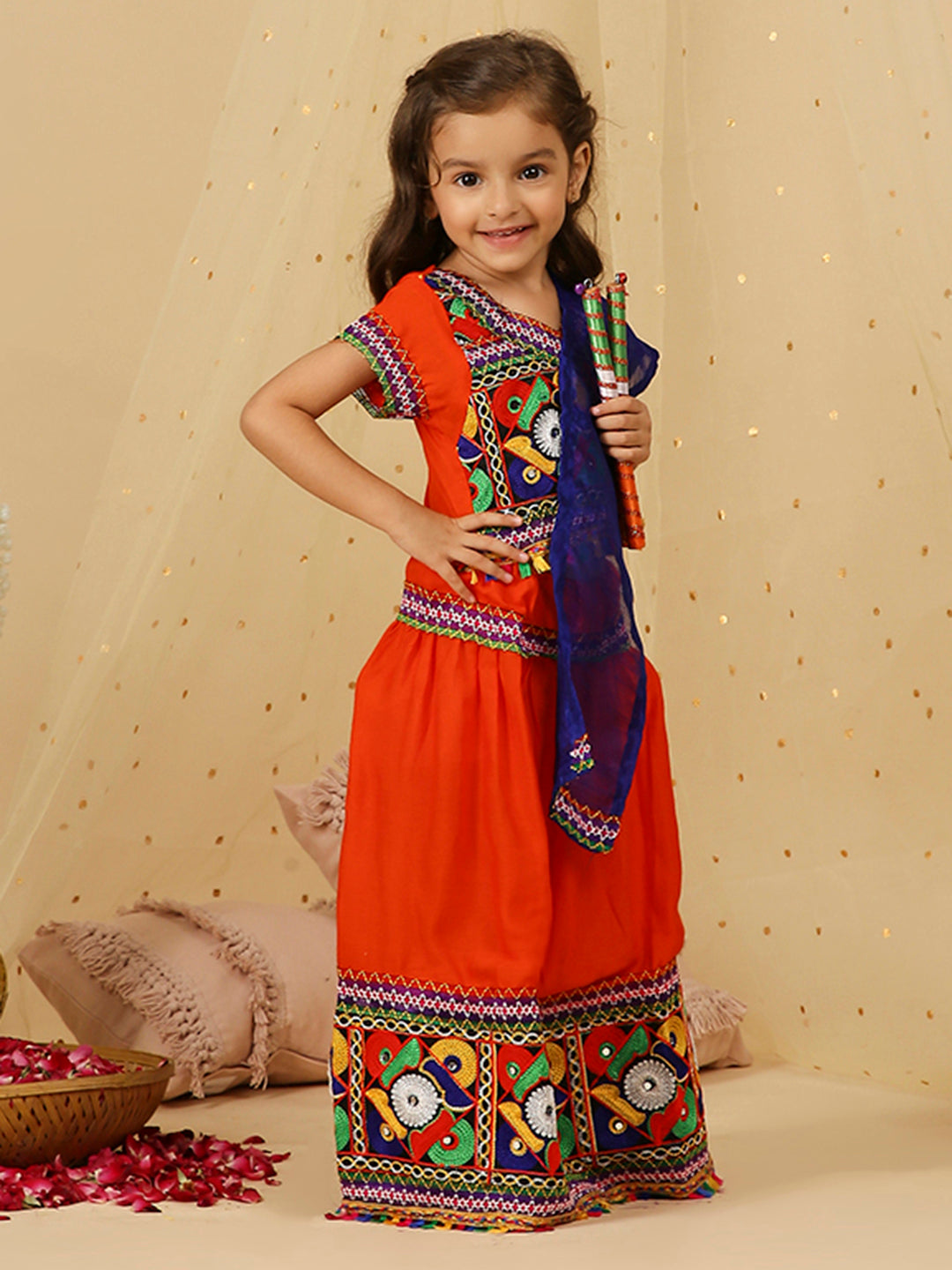 KID1 Embroidered Navratri Lehenga Choli Peach