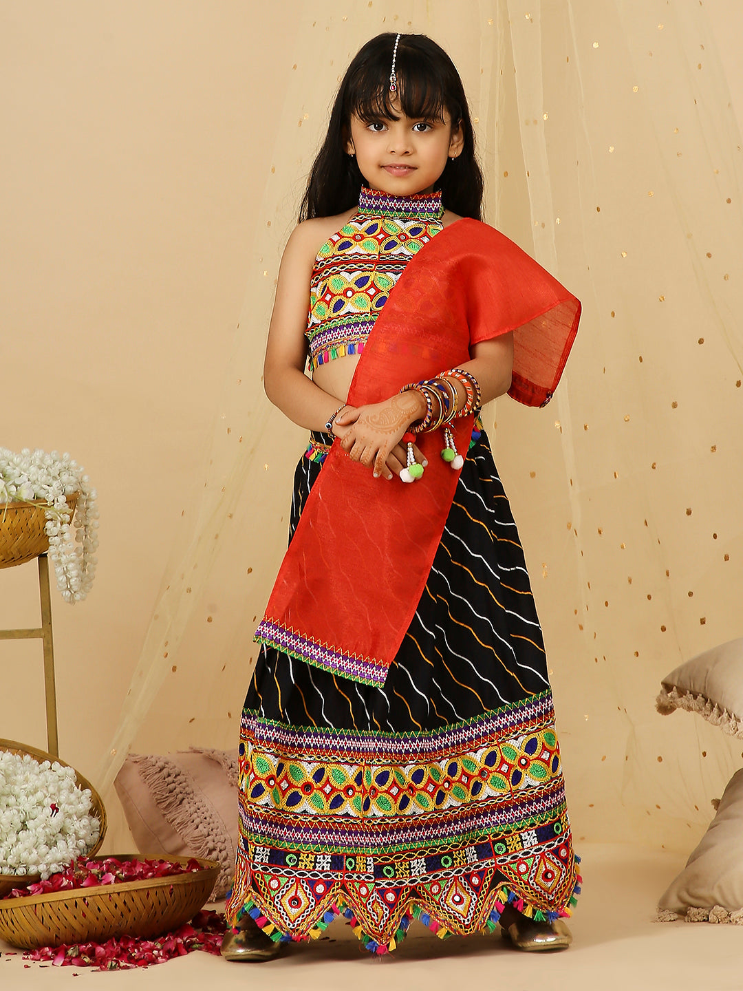 KID1 Navratri Halter Neck Choli with Lehariya Lehenga Black