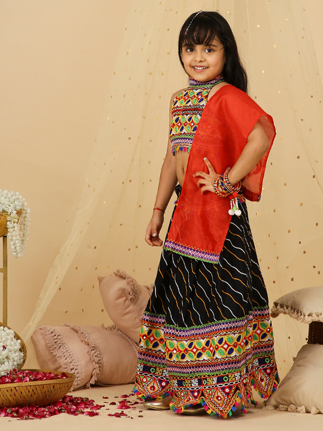 KID1 Navratri Halter Neck Choli with Lehariya Lehenga Black