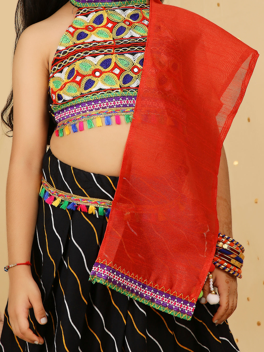 KID1 Navratri Halter Neck Choli with Lehariya Lehenga Black