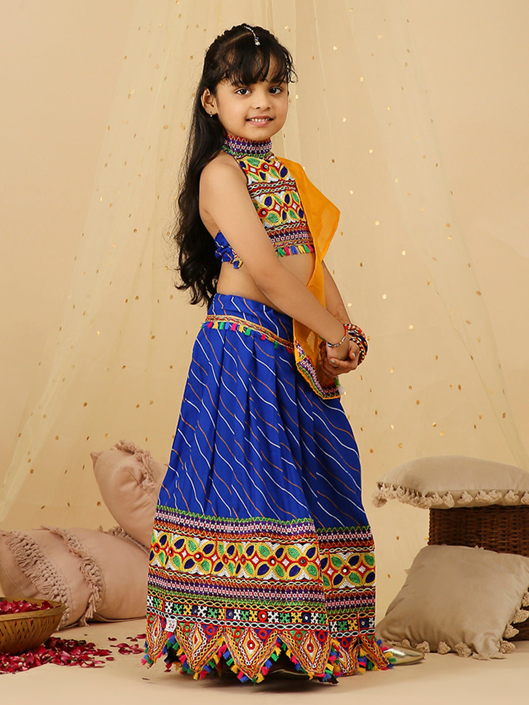 KID1 Navratri Halter Neck Choli with Lehariya Lehenga Blue