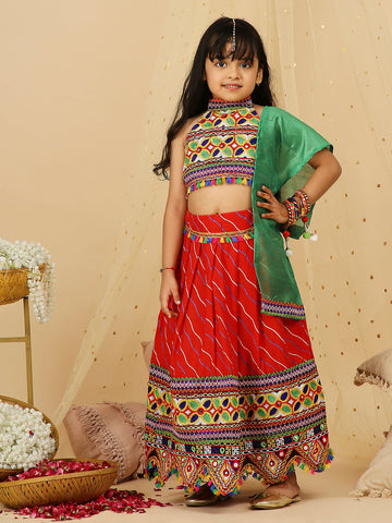 KID1 Navratri Halter Neck Choli with Lehariya Lehenga Red
