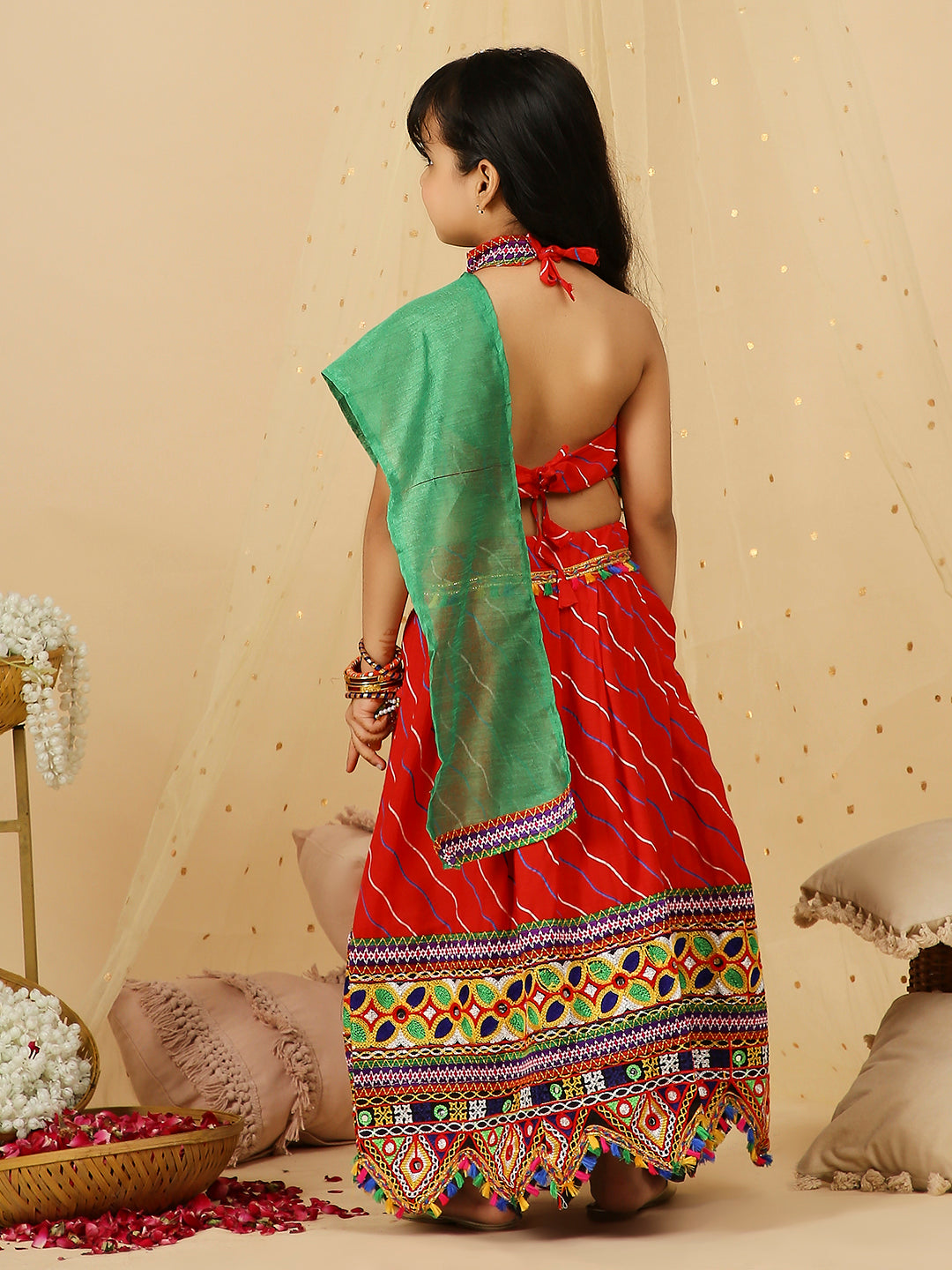 KID1 Navratri Halter Neck Choli with Lehariya Lehenga Red