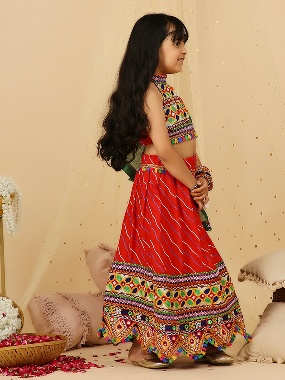 KID1 Navratri Halter Neck Choli with Lehariya Lehenga Red
