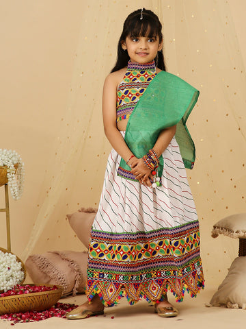 KID1 Navratri Halter Neck Choli with Lehariya Lehenga White