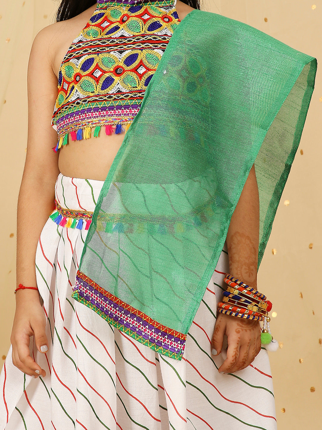 KID1 Navratri Halter Neck Choli with Lehariya Lehenga White