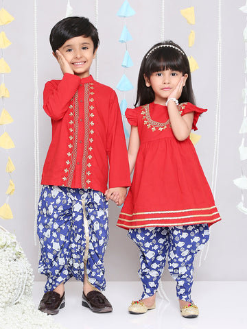 KID1 Ekam Embroidered Peplum & Dhoti For Girls With Ekam Embroidered Kurta & Dhoti For Boys - Red