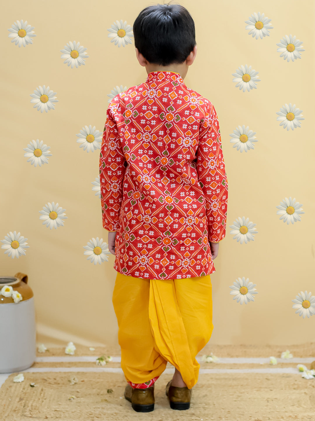 KID1 Pari Patola Lehenga Choli For Girls With Prince Patola Kurta Dhoti For Boys - Red & Yellow