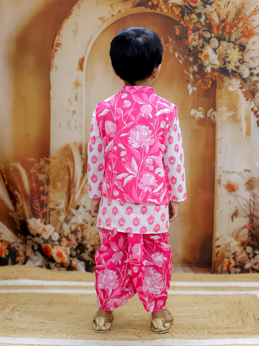 KID1 Floral Jacket with Motif Printed Kurta and Dhoti Set Pink