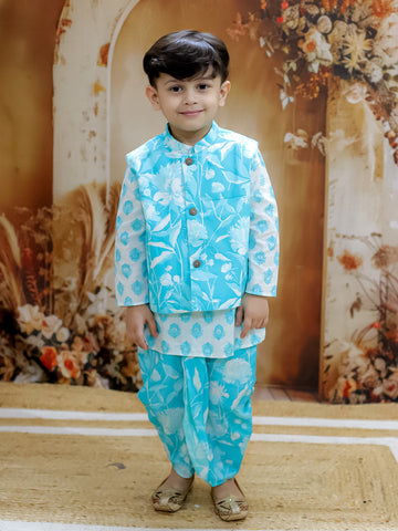 KID1 Floral Jacket with Motif Printed Kurta and Dhoti Set Blue