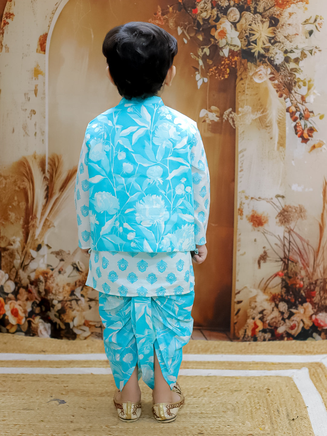 KID1 Floral Jacket with Motif Printed Kurta and Dhoti Set Blue