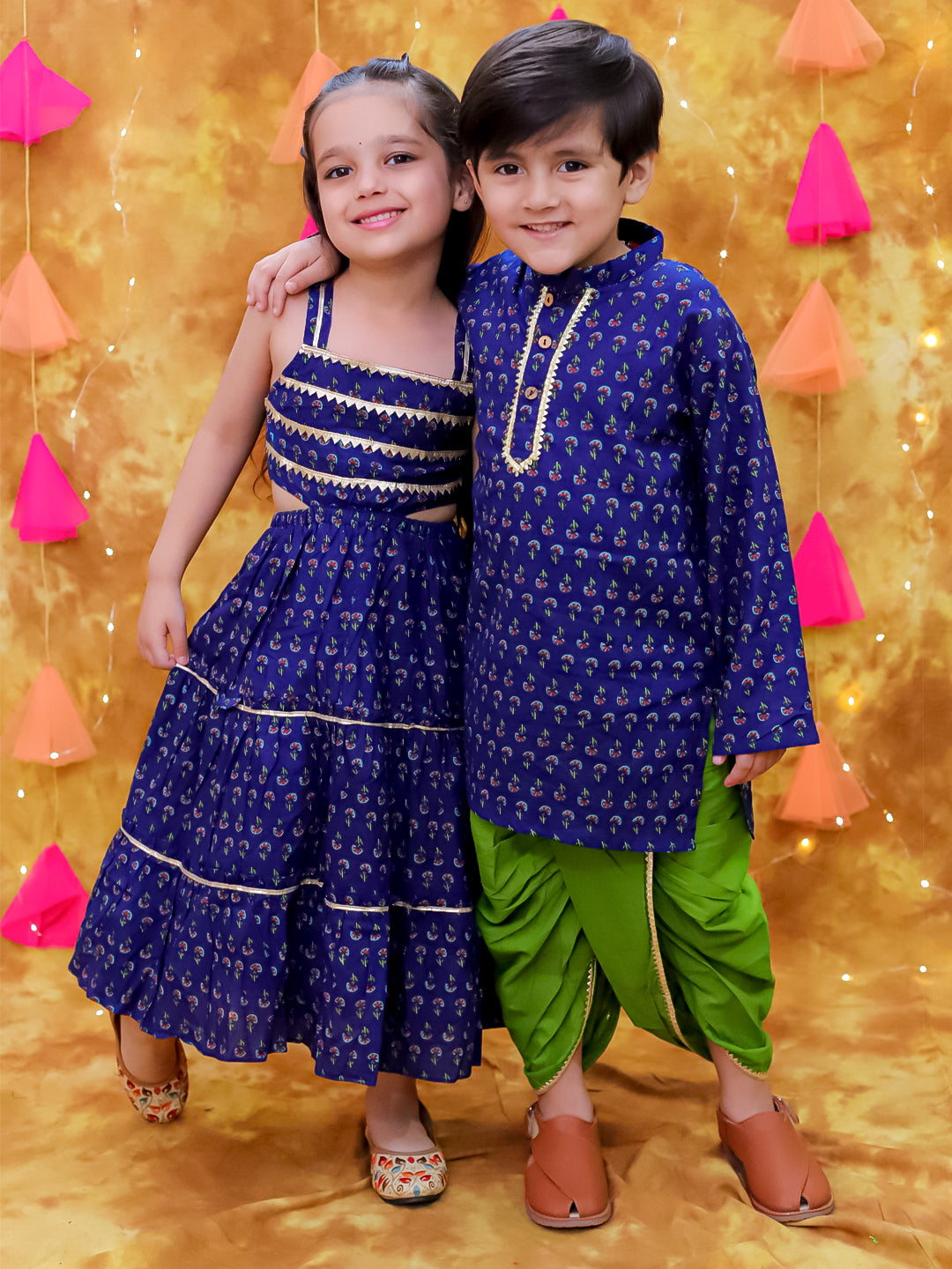 KID1 Sitara Backless Cotton Long Dress For Girls With Printed Kurta Dhoti Set For Boys - Blue