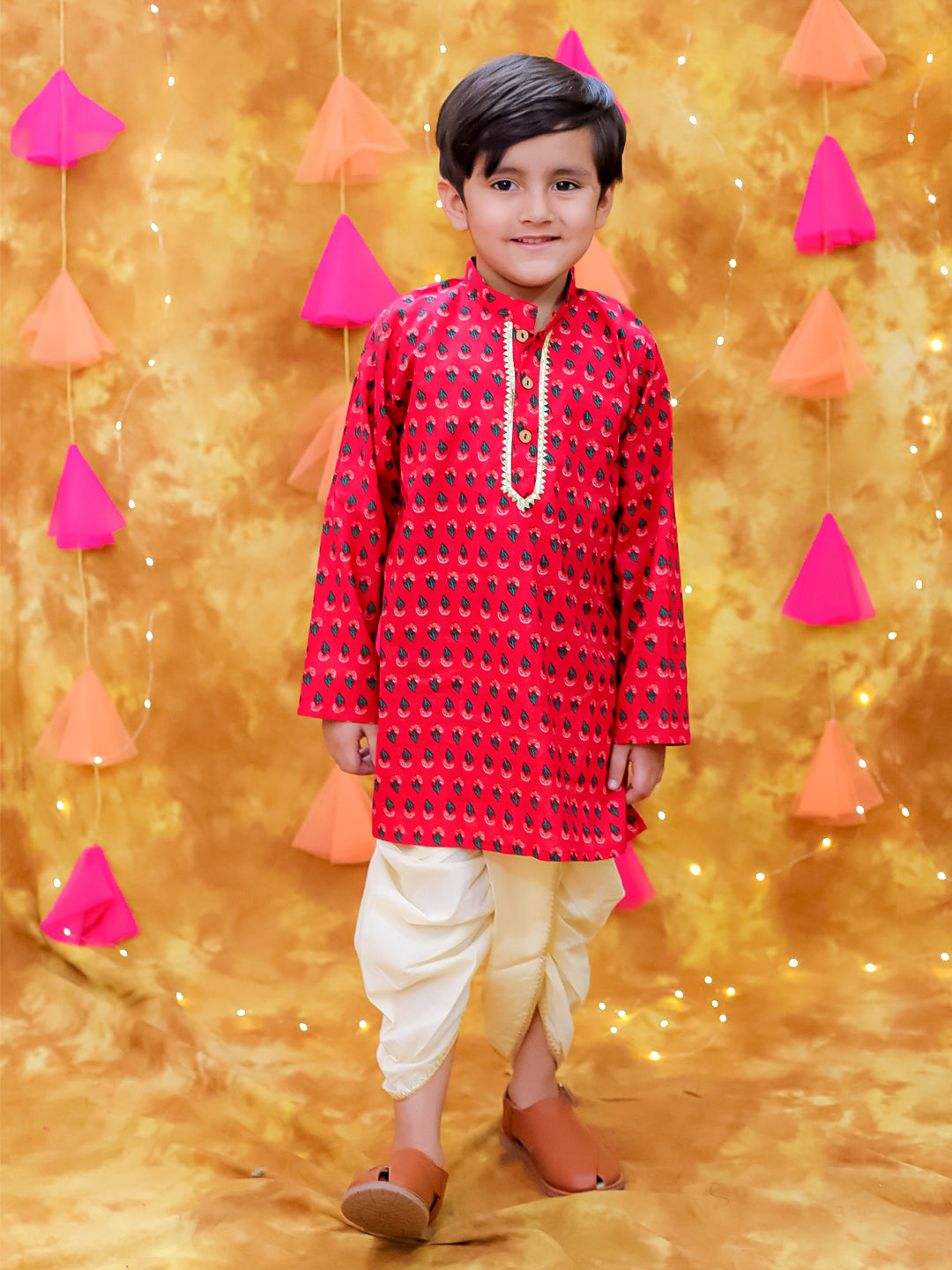 KID1 Sitara Backless Cotton Long Dress For Girls With Printed Kurta Dhoti Set For Boys - Maroon