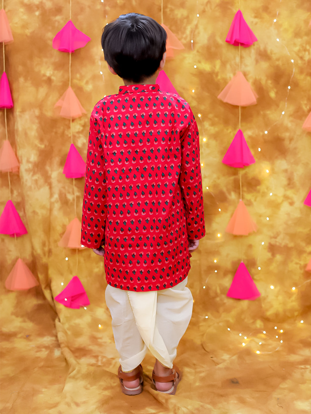 KID1 Sitara Backless Cotton Long Dress For Girls With Printed Kurta Dhoti Set For Boys - Maroon