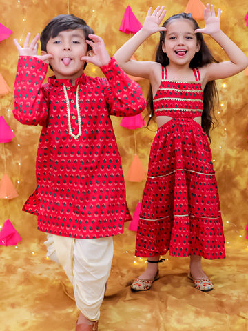 KID1 Sitara Backless Cotton Long Dress For Girls With Printed Kurta Dhoti Set For Boys - Maroon