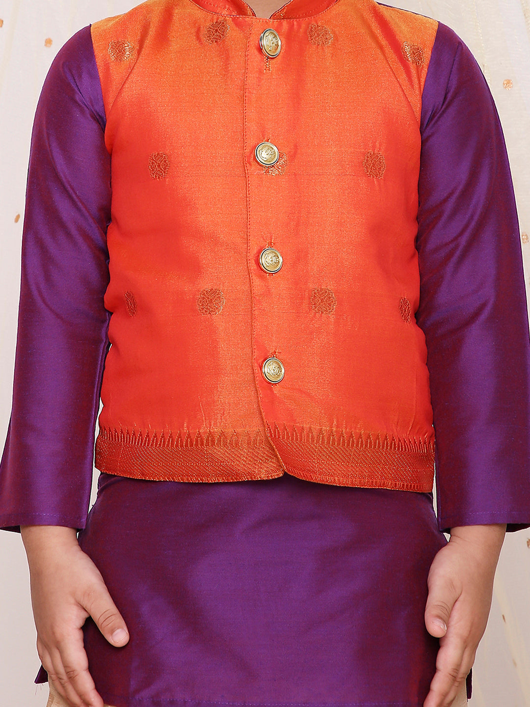 KID1 Jacquard Pattu Pavdai For Girls With Attached Jacket Kurta Set For Boys - Purple