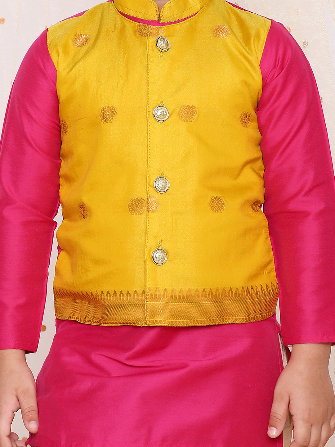KID1 Jacquard Pattu Pavdai For Girls With Attached Jacket Kurta Set For Boys - Pink
