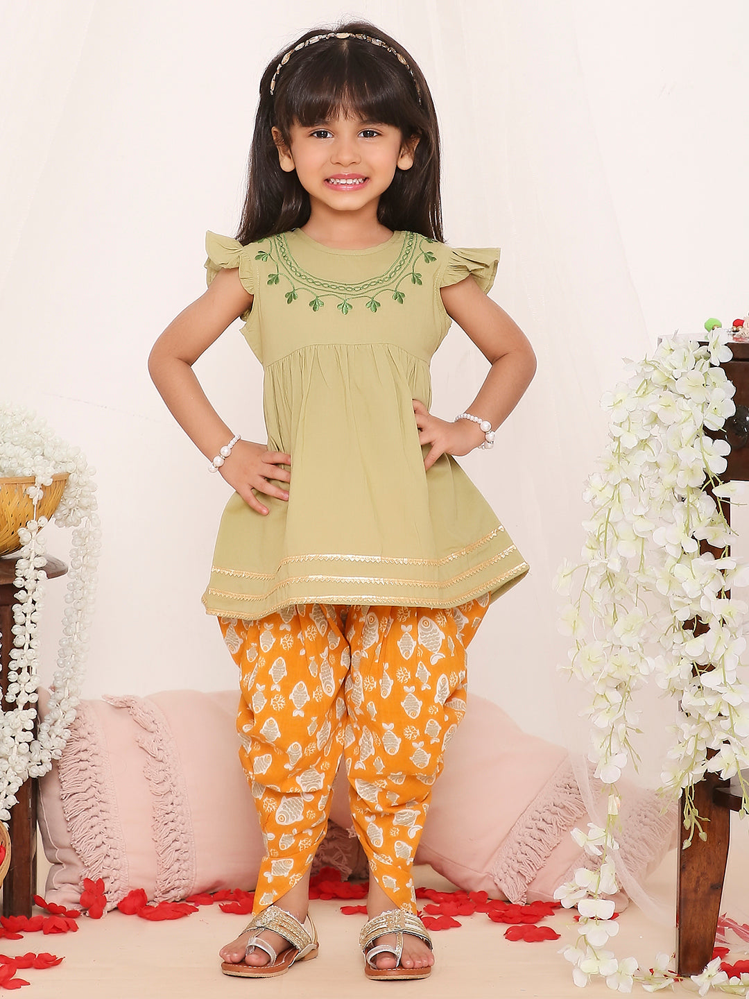 KID1 Ekam Girls Embroidered Peplum with Dhoti Green