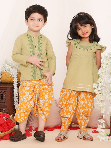 KID1 Ekam Embroidered Peplum & Dhoti For Girls With Ekam Embroidered Kurta & Dhoti For Boys - Green
