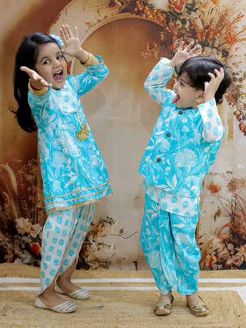 KID1 Floral Printed Kurti Dhoti Set For Girls With Floral Jacket with Motif Printed Kurta and Dhoti Set For Boys - Blue