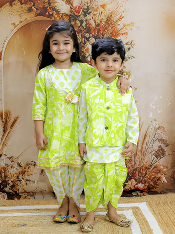 KID1 Floral Printed Kurti Dhoti Set For Girls With Floral Jacket with Motif Printed Kurta and Dhoti Set For Boys - Green