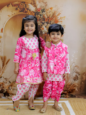 KID1 Floral Printed Kurti Dhoti Set For Girls With Floral Jacket With Motif Printed Kurta and Dhoti Set For Boys - Pink
