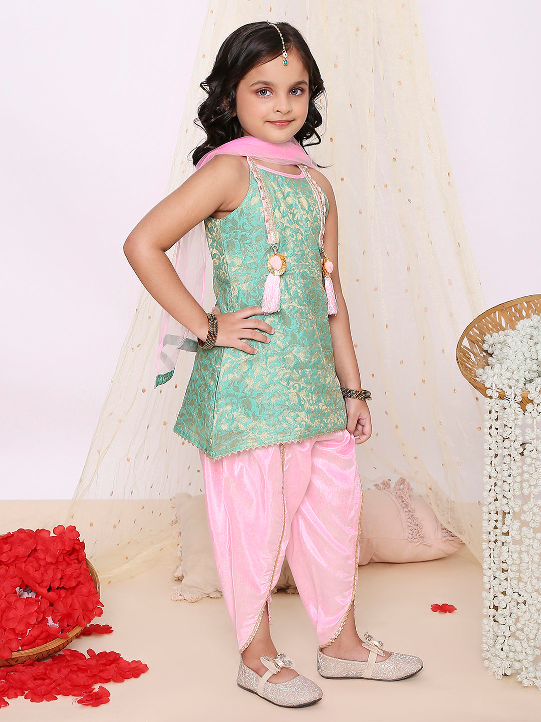 KID1 Festive Jacquard Kurti Dhoti Set Green