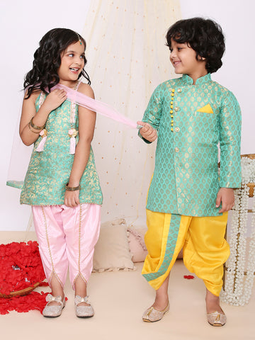 KID1 Festive Jacquard Kurti Dhoti Set For Girls With Festive Jacquard Sherwani Dhoti For Boys - Green