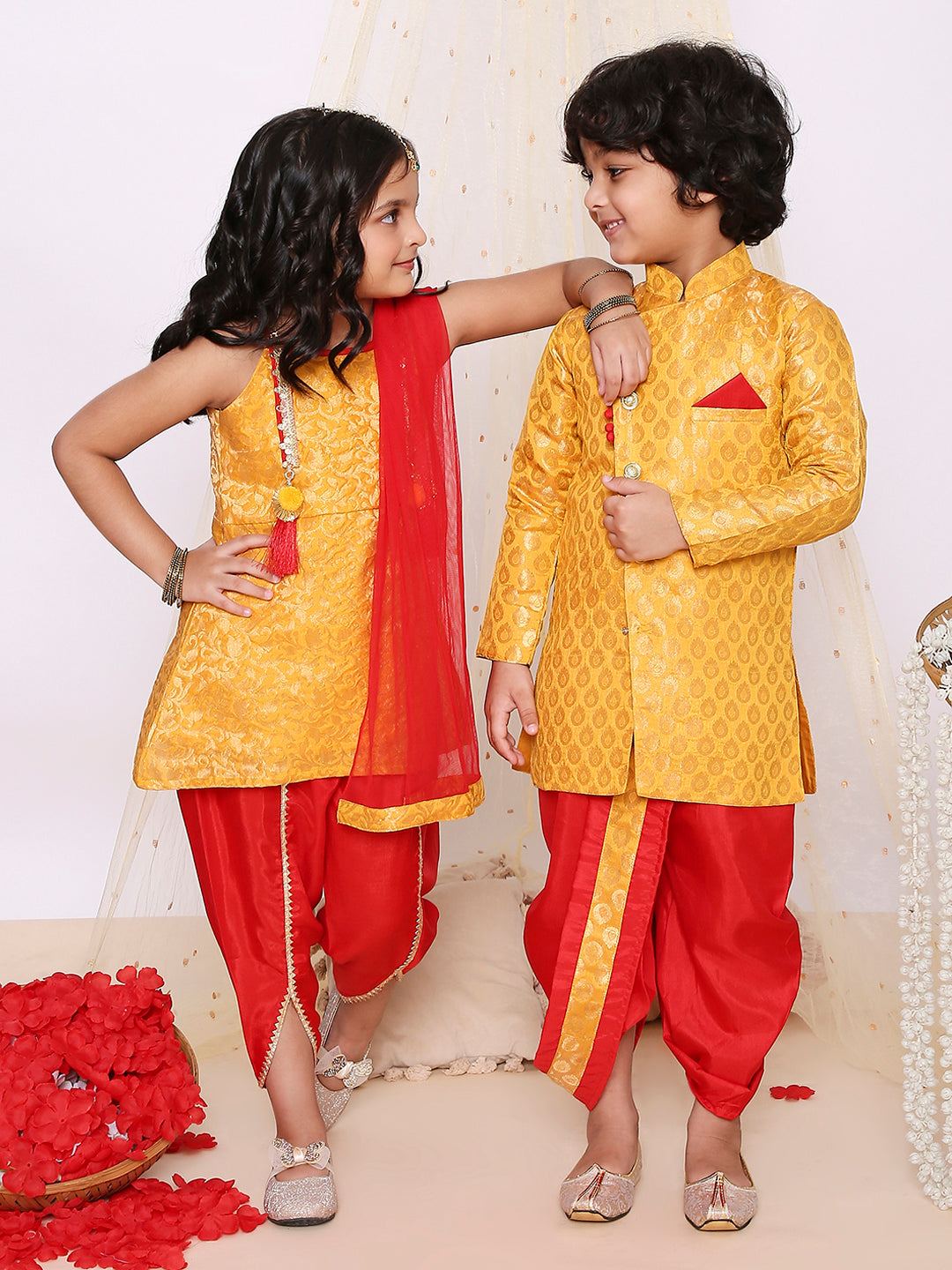 KID1 Festive Jacquard Kurti Dhoti Set For Girls With Festive Jacquard Sherwani Dhoti For Boys - Yellow