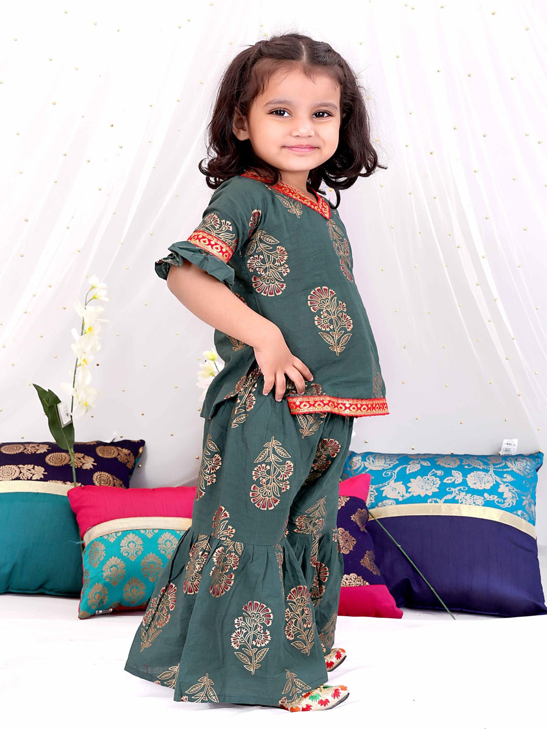 KID1 Zohra Block Print Sharara Set Green