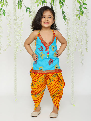 KID1 Mor Pankh Halter Neck Kurti Dhoti Blue