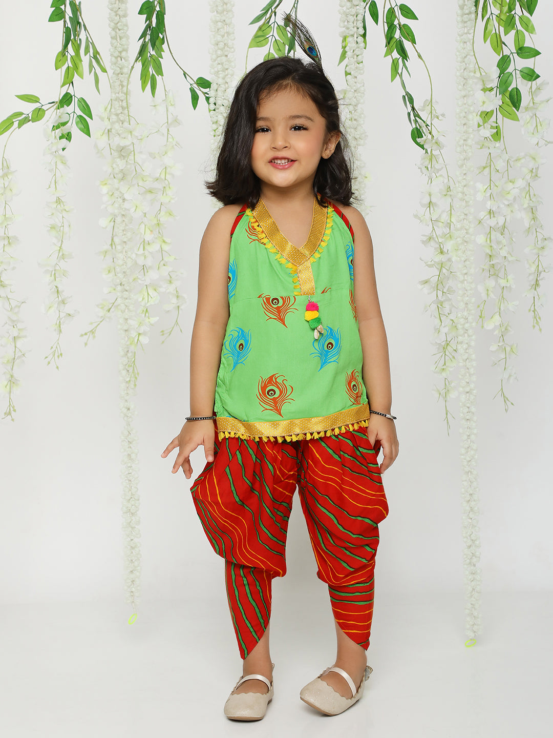 KID1 Mor Pankh Halter Neck Kurti Dhoti Green