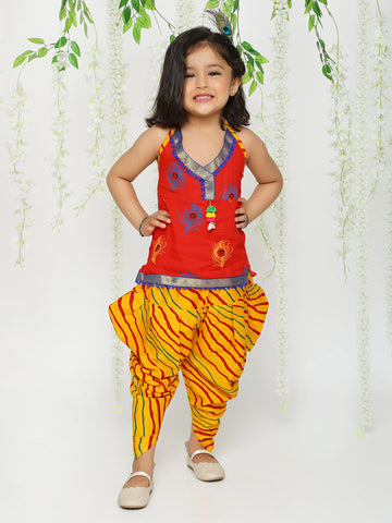 KID1 Mor Pankh Halter Neck Kurti Dhoti Red