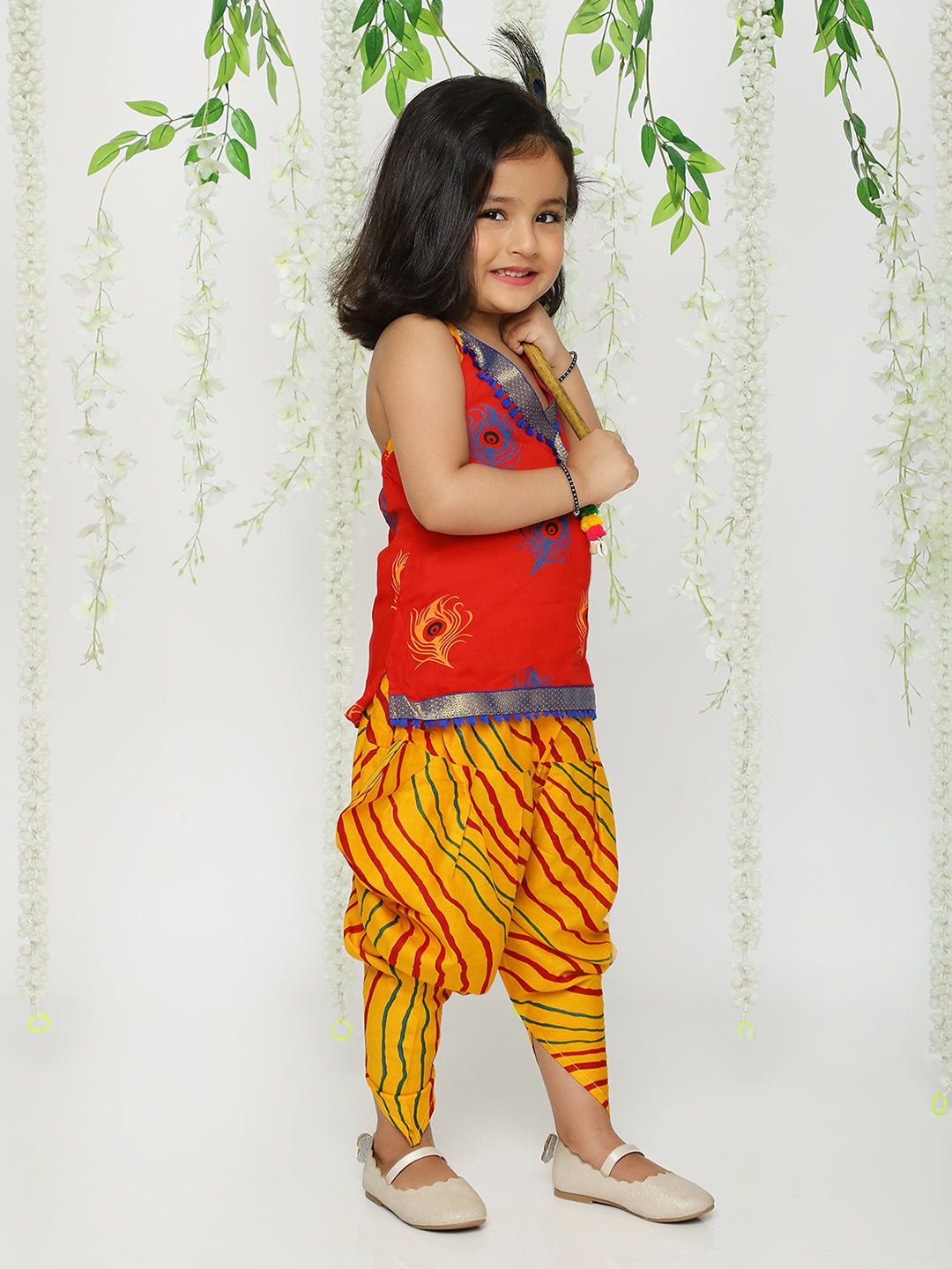 KID1 Mor Pankh Halter Neck Kurti Dhoti Red