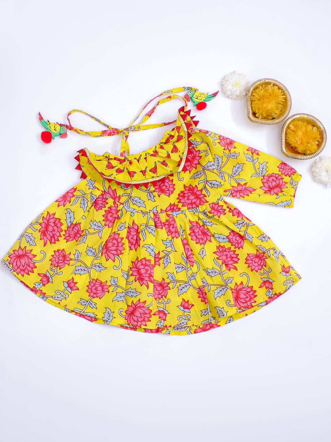 KID1 Floral Frilly Short Frock Yellow